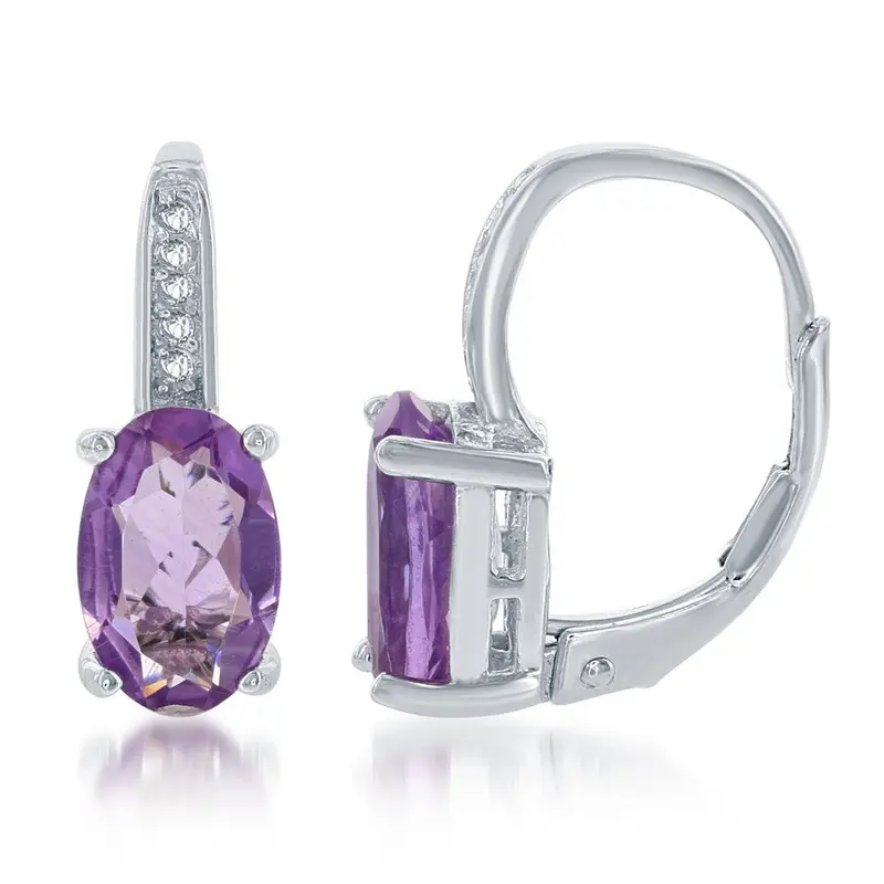 Sterling Silver, White Topaz Gem Earrings - Amethyst