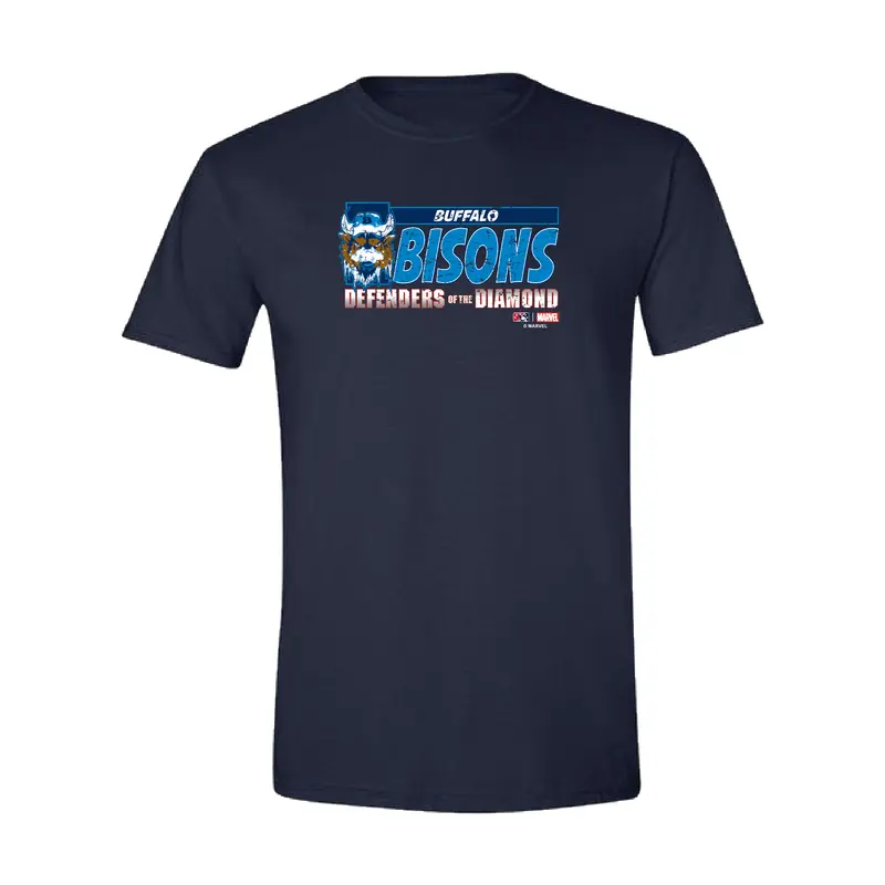 Buffalo Bisons Youth Marvel's Defenders of the Diamond Navy DOTD Tee