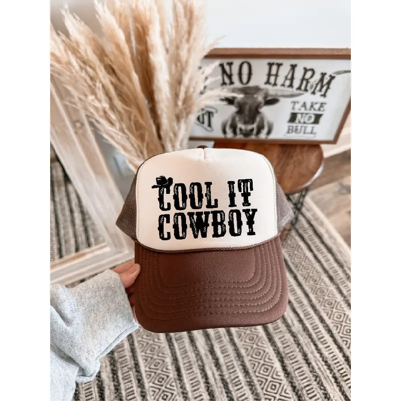 Cool It Cowboy DTF Printed Brown & Tan Trucker Hat