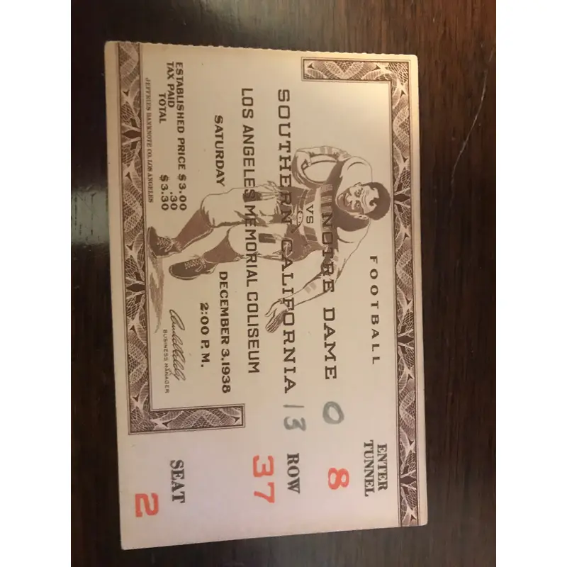 1938 Notre Dame vs USC Football Ticket Stub