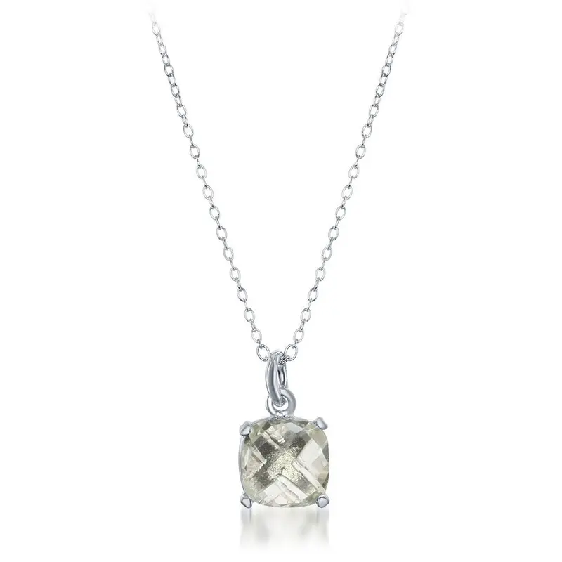 Sterling Silver 8mm Cushion-cut Gem Necklace - Green Amethyst