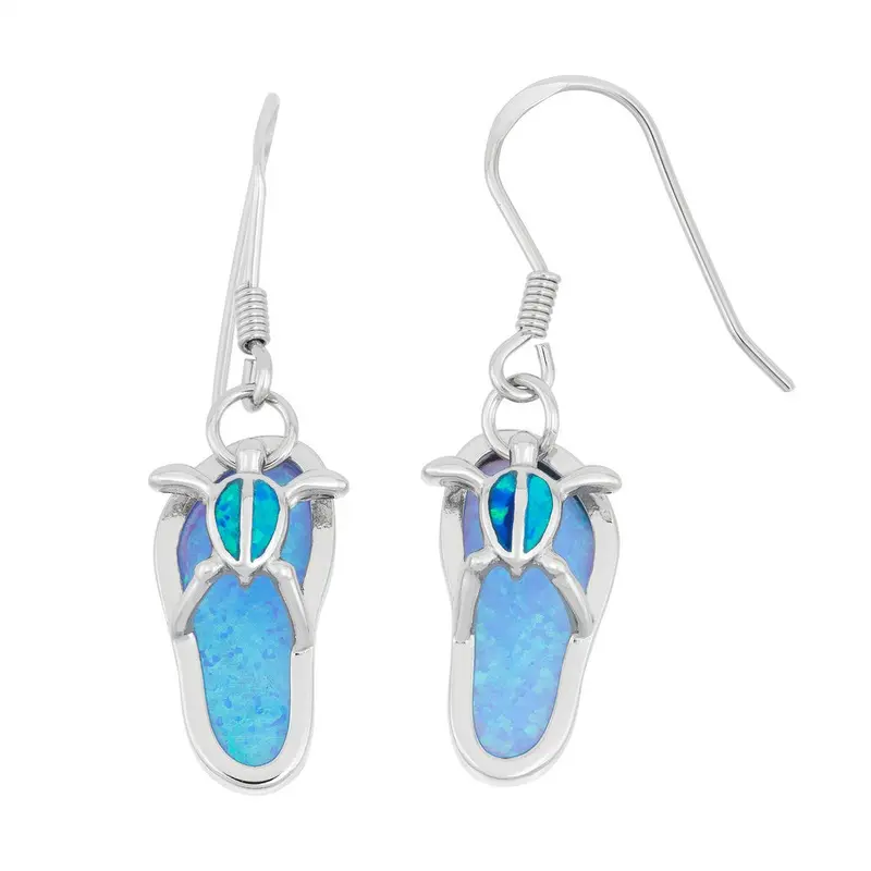 Sterling Silver Blue Inlay Opal Flip Flop with Turtle Earrings