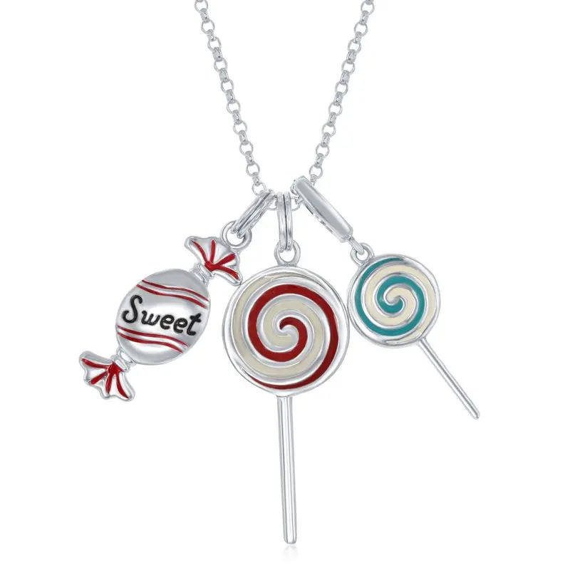 Sterling Silver Green, White & Red Enamel Lollipop & Candy Necklace