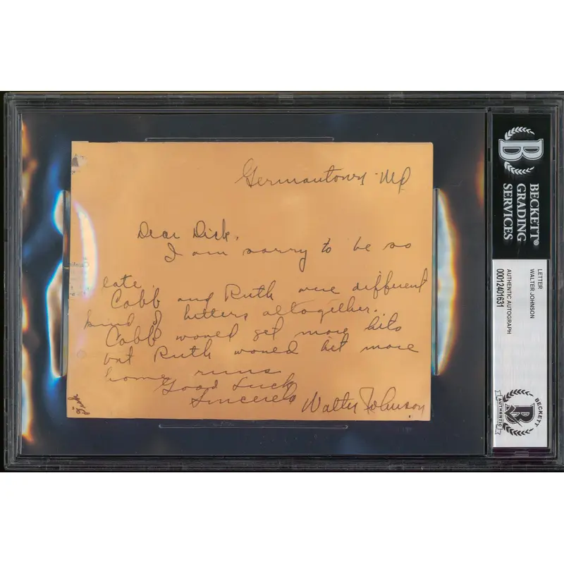 Senators Walter Johnson Authentic Signed 4.5x5.75 Handwritten Letter BAS Slabbed
