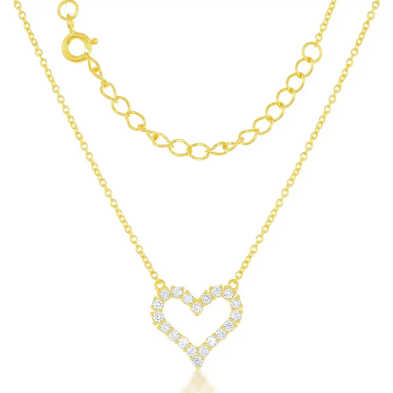 Sterling Silver, Small Open CZ Heart Necklace - Gold Plated