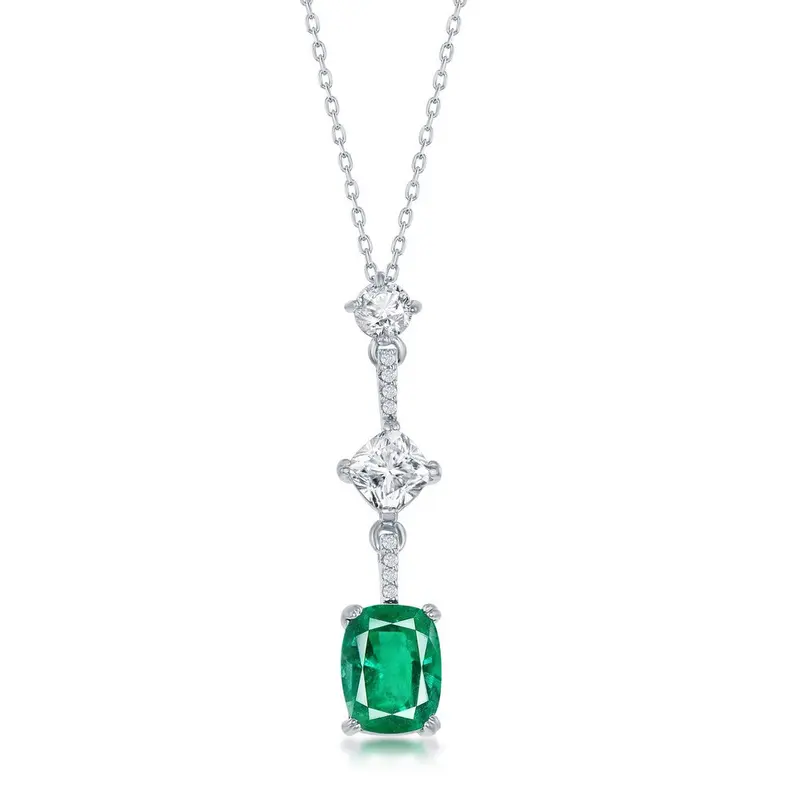 Sterling Silver, White & Cushion-Cut CZ Necklace - Emerald