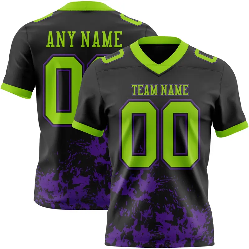 Custom Black Neon Green-Purple Splash Mesh Authentic Football Jersey