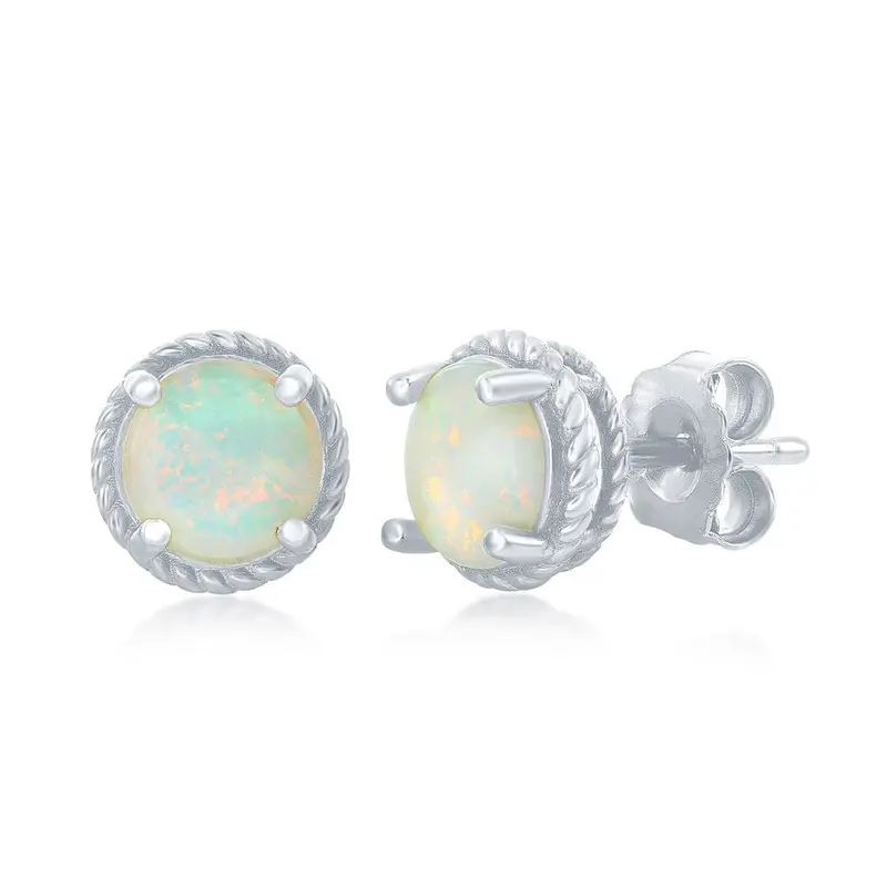 Sterling Silver 9mm White Opal Rope Design Border Stud Earrings