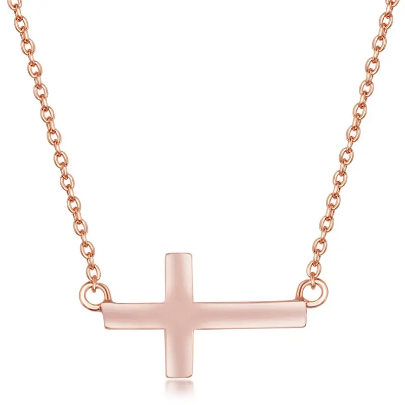 Sterling Silver Small Sideways Cross Necklace - Rose Gold Plated