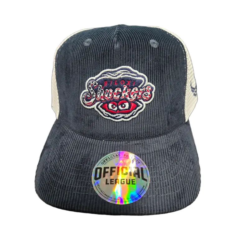 Official League Corduroy Driver Cap in Navy with Shuckers Logo in Patriotic Colors.