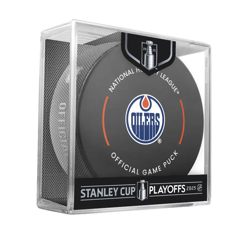 NHL Edmonton Oilers 2025 Official Playoffs Game Hockey Puck Design In Cube