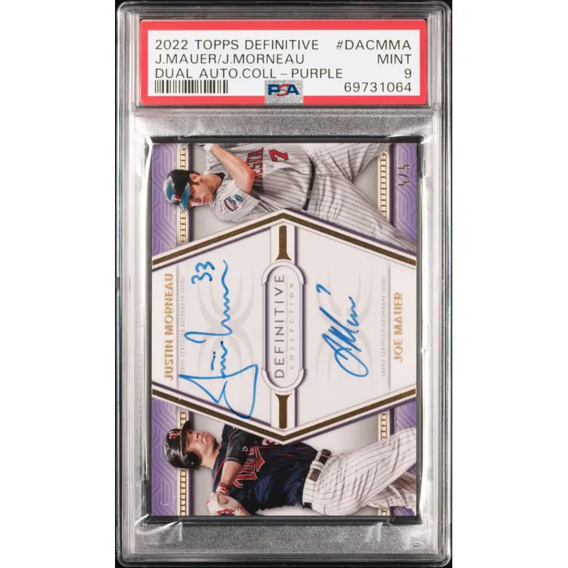 Joe Mauer/Justin Morneau 2022 Topps Definitive Dual Auto Purple #5/5 PSA 9 Mint