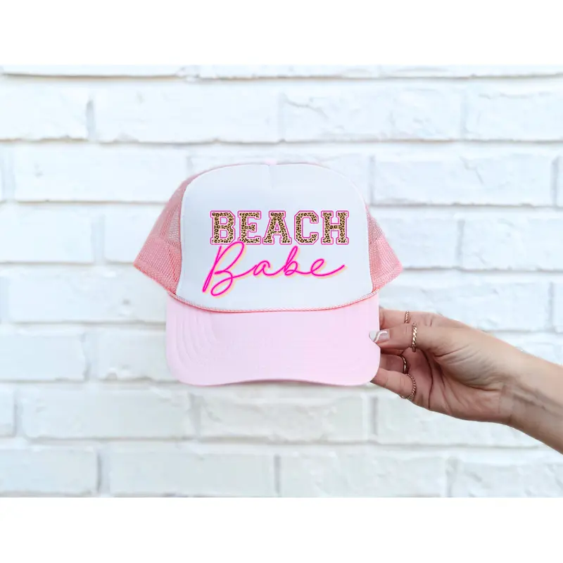 LEOPARD Beach Babe DTF Printed Pink & White Trucker Hat