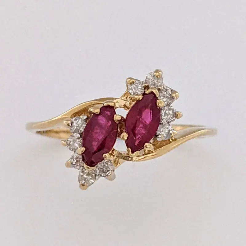 14K RUBY MARQUISE (2) 3X6 WITH (10) MELEE BYPASS ESTATE RING 2.2 GRAMS
