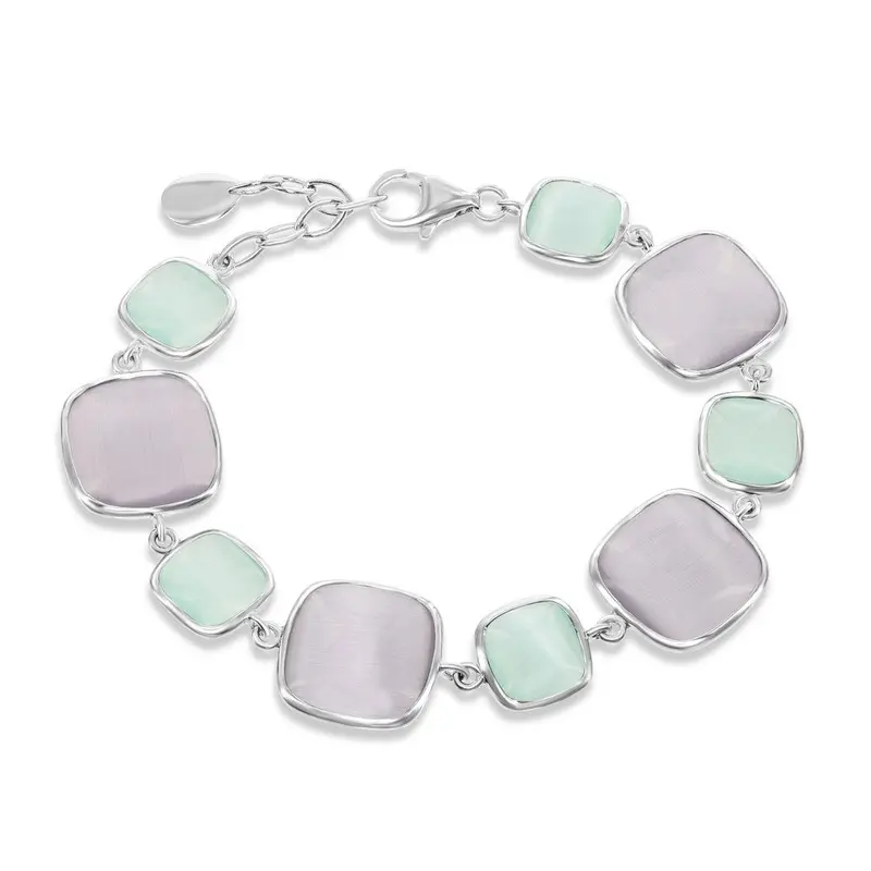 Sterling Silver Alternating Light Green & Grey Square Cat's Eye Bracelet