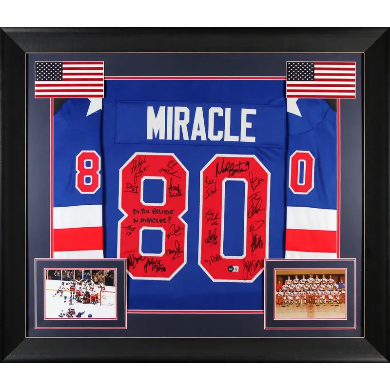 1980 USA Hockey 19 Autos Craig, Eruzione, Broten Signed Blue Framed Jersey BAS 2