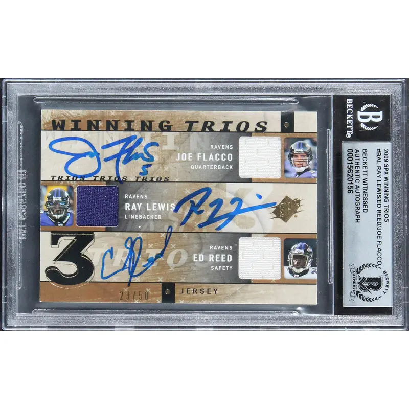 (3) Flacco, Lewis & Reed Signed 2009 SPX Trios #BAL #23/50 Card Auto 10 BAS Slab