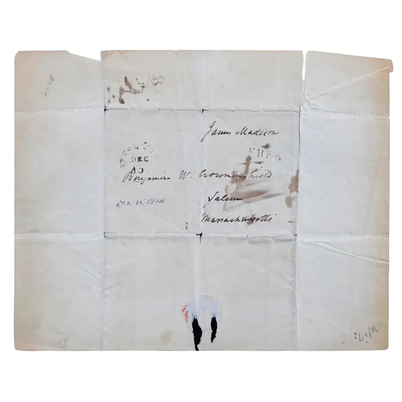 James Madison Signed 7.75x9.75 1814 Handwritten Free Frank BAS #AE13626