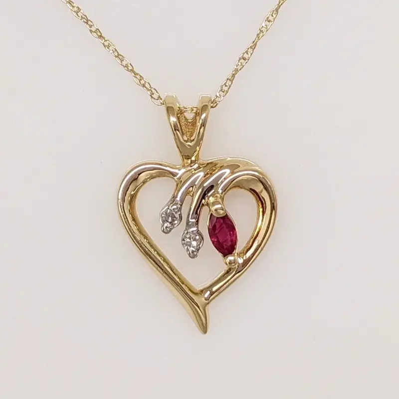 14K RUBY MARQUISE 2X4 WITH (2) MELEE ESTATE PENDANT & CHAIN  1.8 GRAMS