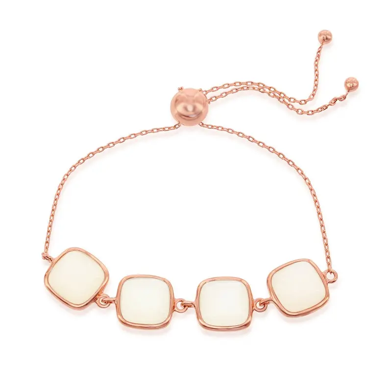 Sterling Silver Natural White Moon Stone Adjustable Bolo Bracelet - Rose Gold Plated