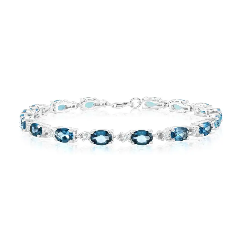 Sterling Silver, Oval 8.80ct London BlueTopaz & 0.64ct White Topaz Gem Bracelet